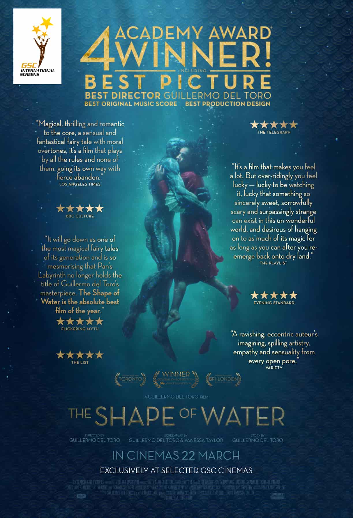 the shape of water movie film poster fish man woman underwater swimming romantic